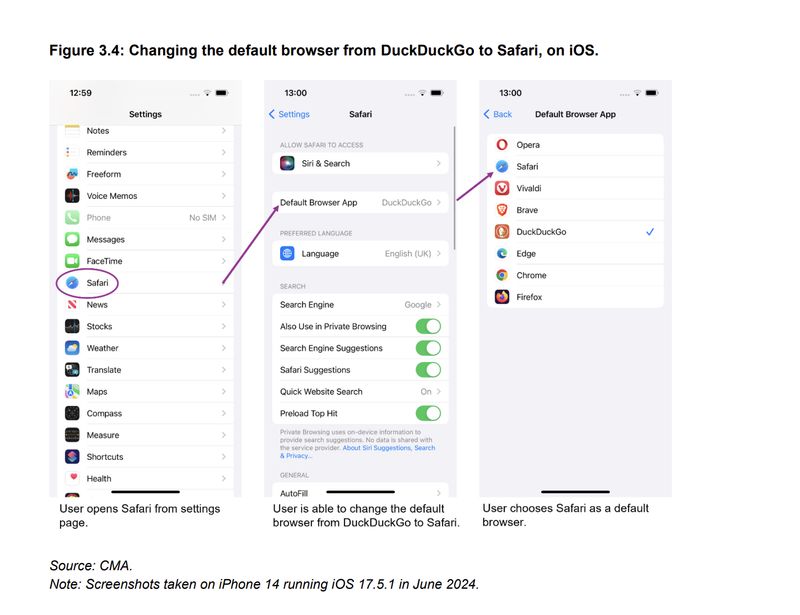Example of changing the browser on iOS when Safari is not the default.