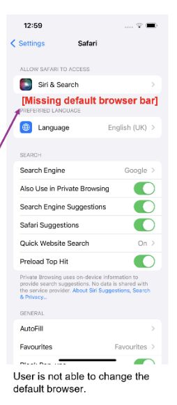 Larger example of changing the browser on iOS when Safari is the default (the dropdown disappears).