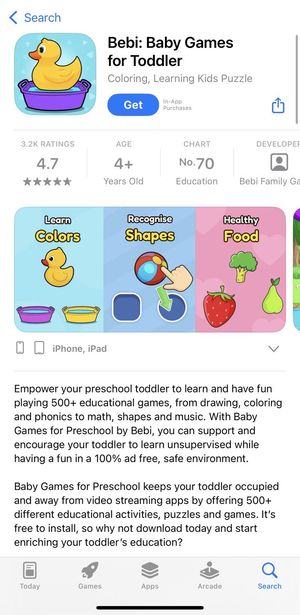 An screenshot of the bebi teaching app. It has a 4+ rating.